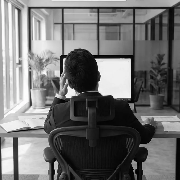 スーツを着たビジネスマンがオフィスでPCを見ながら悩む様子